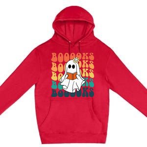 Retro Cute Ghost Book Reading Halloween Teacher Premium Pullover Hoodie