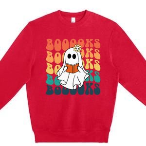 Retro Cute Ghost Book Reading Halloween Teacher Premium Crewneck Sweatshirt