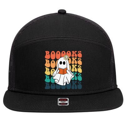 Retro Cute Ghost Book Reading Halloween Teacher Top 7 Panel Mesh Trucker Snapback Hat