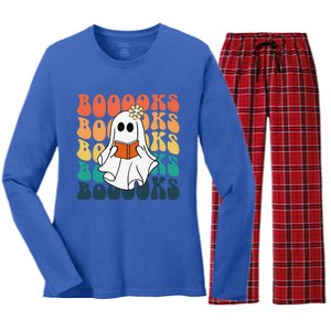 Retro Cute Ghost Book Reading Halloween Teacher Top Women's Long Sleeve Flannel Pajama Set 