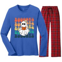 Retro Cute Ghost Book Reading Halloween Teacher Top Women's Long Sleeve Flannel Pajama Set 