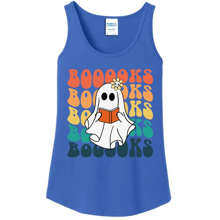 Retro Cute Ghost Book Reading Halloween Teacher Top Ladies Essential Tank