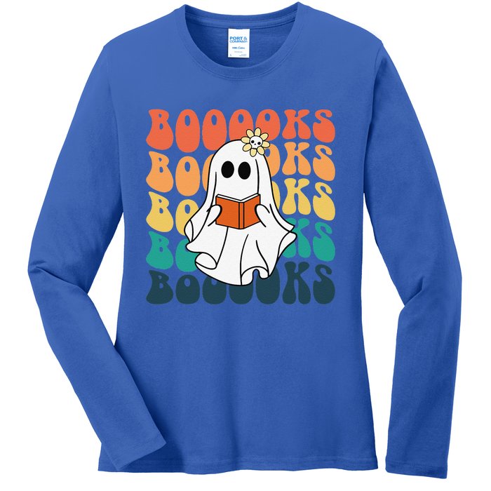 Retro Cute Ghost Book Reading Halloween Teacher Top Ladies Long Sleeve Shirt