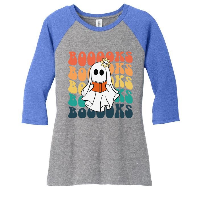 Retro Cute Ghost Book Reading Halloween Teacher Top Women's Tri-Blend 3/4-Sleeve Raglan Shirt