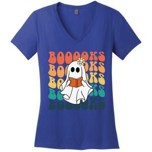 Retro Cute Ghost Book Reading Halloween Teacher Top Women's V-Neck T-Shirt