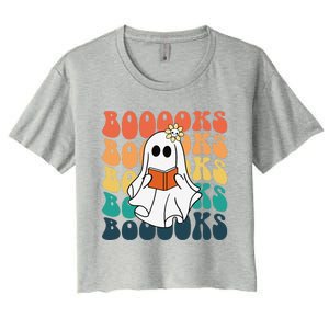 Retro Cute Ghost Book Reading Halloween Teacher Top Women's Crop Top Tee