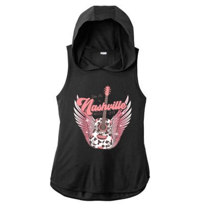 Retro Cowhide Guitar Nashville Music City Western Ladies PosiCharge Tri-Blend Wicking Draft Hoodie Tank