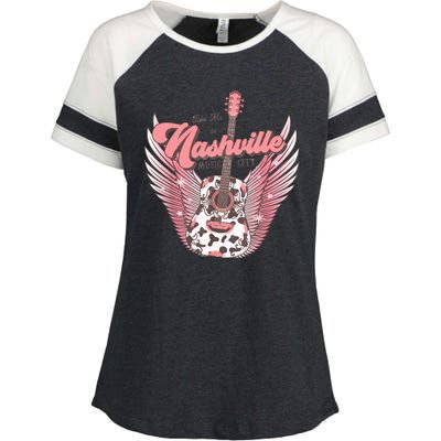 Retro Cowhide Guitar Nashville Music City Western Enza Ladies Jersey Colorblock Tee