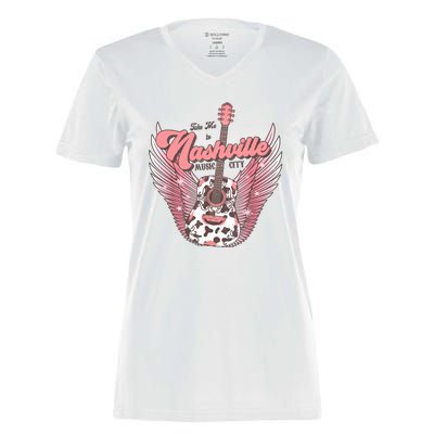 Retro Cowhide Guitar Nashville Music City Western Women's Momentum V-Neck T-Shirt