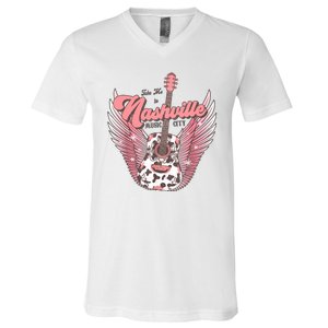 Retro Cowhide Guitar Nashville Music City Western V-Neck T-Shirt