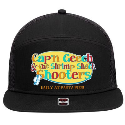 Retro Captain Geech And The Shrimp Shack Shooters Daily At Party Pier 7 Panel Mesh Trucker Snapback Hat