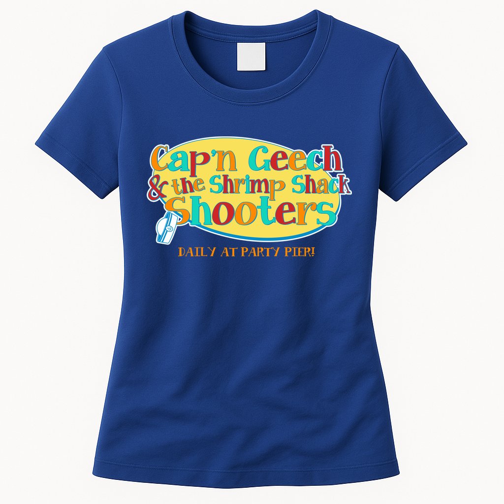 Retro Captain Geech And The Shrimp Shack Shooters Daily At Party Pier Womens T-Shirt