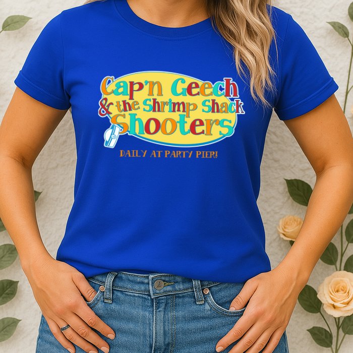 Retro Captain Geech And The Shrimp Shack Shooters Daily At Party Pier Womens T-Shirt