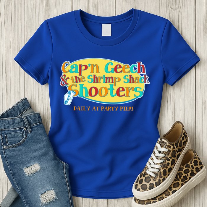 Retro Captain Geech And The Shrimp Shack Shooters Daily At Party Pier Womens T-Shirt