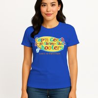 Retro Captain Geech And The Shrimp Shack Shooters Daily At Party Pier Womens T-Shirt