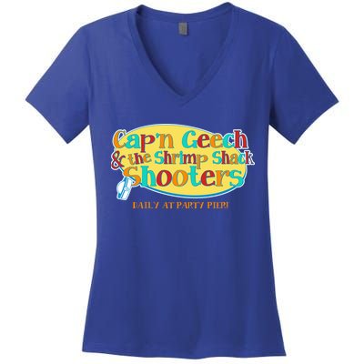 Retro Captain Geech And The Shrimp Shack Shooters Daily At Party Pier Women's V-Neck T-Shirt