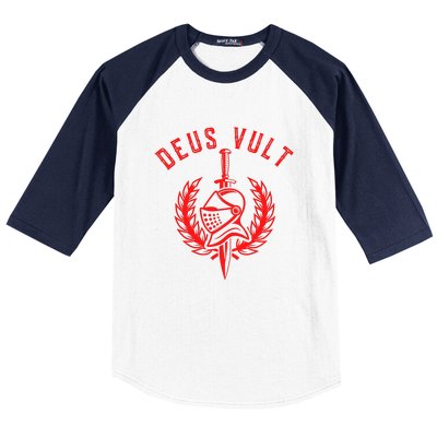 Roman Catholic Gift Deus Vult Crusader Baseball Sleeve Shirt