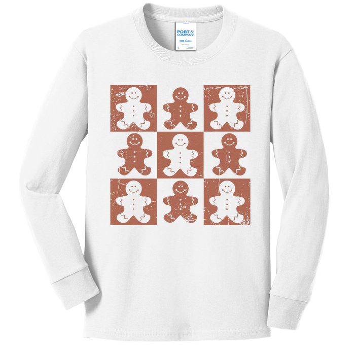 Retro Checkered Gingerbread Man Distressed Christmas Pajamas Gift Kids Long Sleeve Shirt