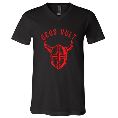 Roman Catholic Gift Deus Vult Crusader V-Neck T-Shirt