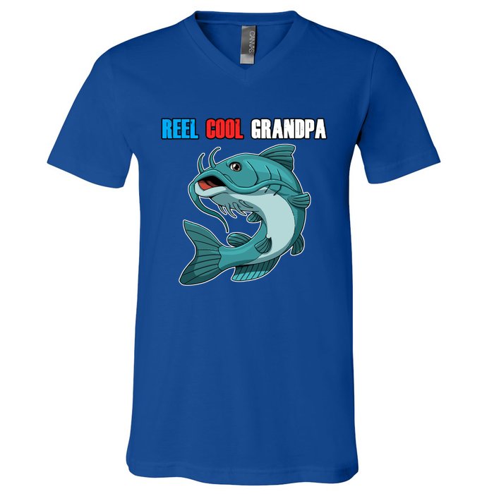 Reel Cool Grandpa Funny Gift Fathers Day Fishing Gift V-Neck T-Shirt