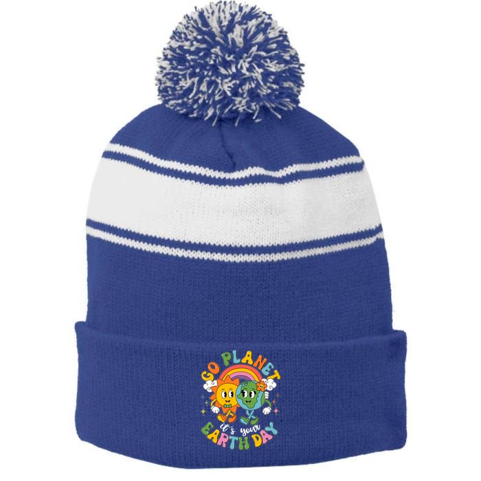 Retro Cartoon Go Planet Its Your Earth Day Stripe Pom Pom Beanie