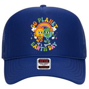 Retro Cartoon Go Planet Its Your Earth Day High Crown Mesh Back Trucker Hat