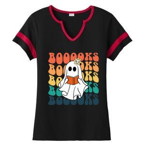 Retro Cute Ghost Book Reading Halloween Teacher Top Ladies Halftime Notch Neck Tee