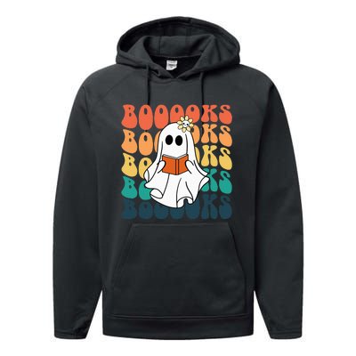 Retro Cute Ghost Book Reading Halloween Teacher Top Performance Fleece Hoodie