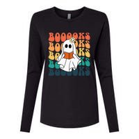 Retro Cute Ghost Book Reading Halloween Teacher Top Womens Cotton Relaxed Long Sleeve T-Shirt