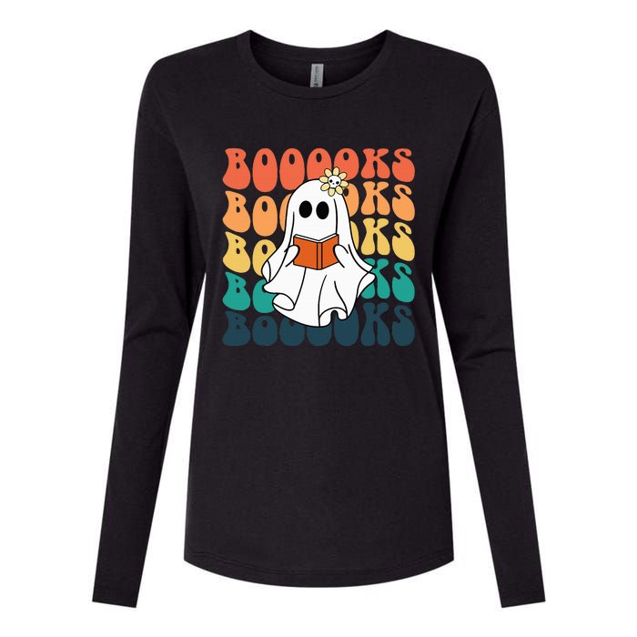 Retro Cute Ghost Book Reading Halloween Teacher Top Womens Cotton Relaxed Long Sleeve T-Shirt