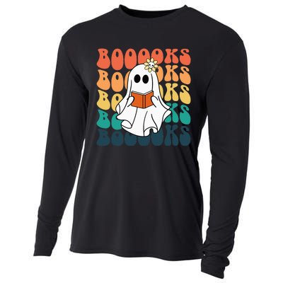 Retro Cute Ghost Book Reading Halloween Teacher Top Cooling Performance Long Sleeve Crew