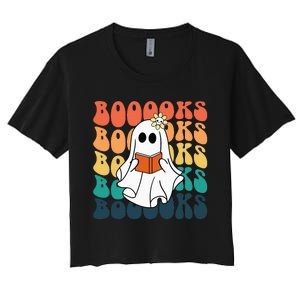 Retro Cute Ghost Book Reading Halloween Teacher Top Women's Crop Top Tee