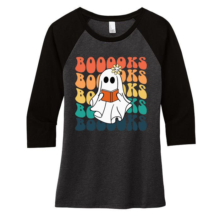 Retro Cute Ghost Book Reading Halloween Teacher Top Women's Tri-Blend 3/4-Sleeve Raglan Shirt