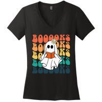 Retro Cute Ghost Book Reading Halloween Teacher Top Women's V-Neck T-Shirt