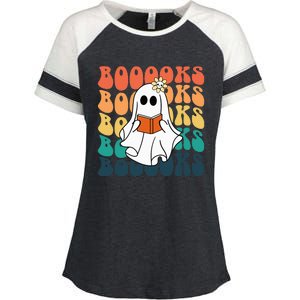 Retro Cute Ghost Book Reading Halloween Teacher Top Enza Ladies Jersey Colorblock Tee