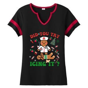 Retro Christmas Gingerbread Nurse Squad Did You Try Icing It Gift Ladies Halftime Notch Neck Tee