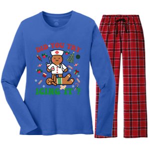 Retro Christmas Gingerbread Nurse Squad Did You Try Icing It Gift Women's Long Sleeve Flannel Pajama Set 