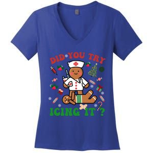 Retro Christmas Gingerbread Nurse Squad Did You Try Icing It Gift Women's V-Neck T-Shirt