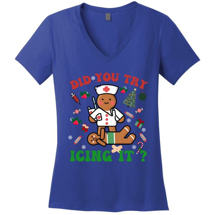 Retro Christmas Gingerbread Nurse Squad Did You Try Icing It Gift Women's V-Neck T-Shirt