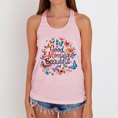 Rainbow Colored Good Morning Beautiful Monarch Butterflies Gift Women's Knotted Racerback Tank