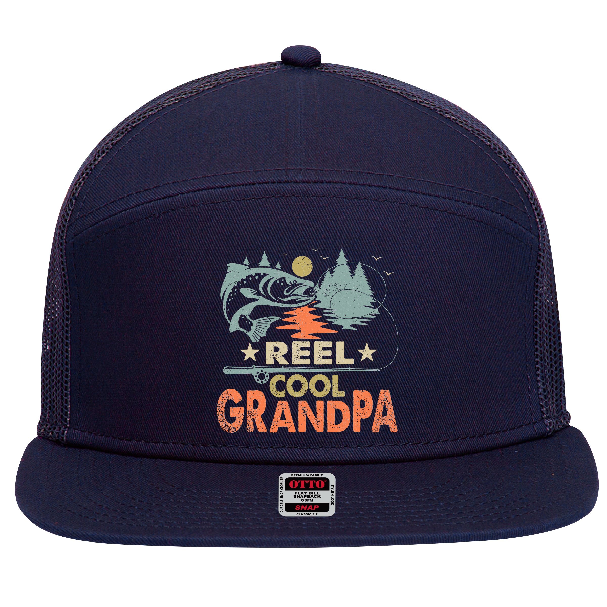 Reel Cool Grandpa Fishing Lover Vintage Father's Day 7 Panel Mesh Trucker Snapback Hat