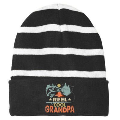 Reel Cool Grandpa Fishing Lover Vintage Father's Day Striped Beanie with Solid Band