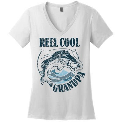 Reel Cool Grandpa Fishing Dad Father's Day Fisherman Women's V-Neck T-Shirt