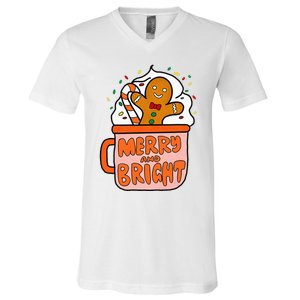 Retro Christmas Gingerbread Merry And Bright Christmas V-Neck T-Shirt