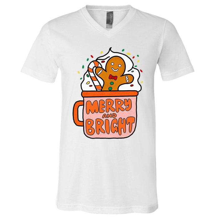 Retro Christmas Gingerbread Merry And Bright Christmas V-Neck T-Shirt