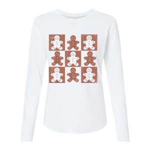 Retro Checkered Gingerbread Man Distressed Christmas Pajamas Womens Cotton Relaxed Long Sleeve T-Shirt