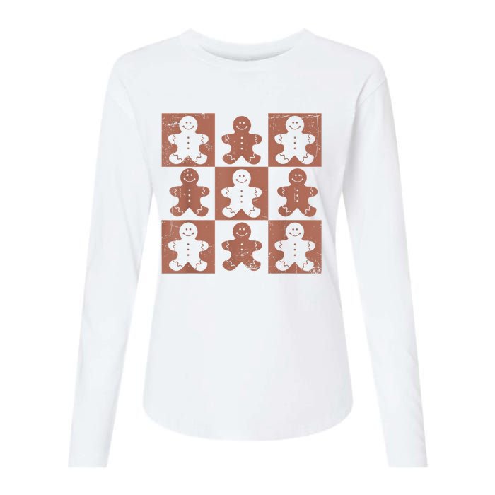 Retro Checkered Gingerbread Man Distressed Christmas Pajamas Womens Cotton Relaxed Long Sleeve T-Shirt