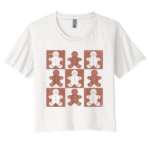 Retro Checkered Gingerbread Man Distressed Christmas Pajamas Women's Crop Top Tee