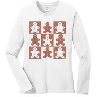 Retro Checkered Gingerbread Man Distressed Christmas Pajamas Ladies Long Sleeve Shirt