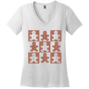 Retro Checkered Gingerbread Man Distressed Christmas Pajamas Women's V-Neck T-Shirt